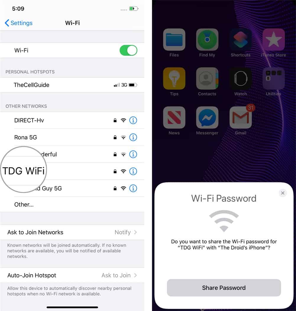 Share iPhone Wi-Fi Password tap network share password