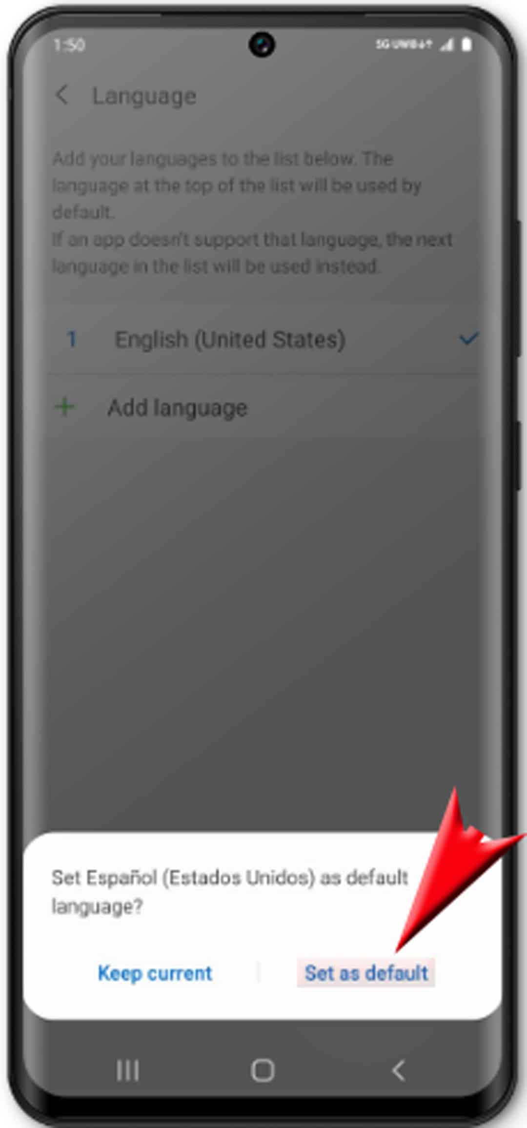 how to change default language on Galaxy S20 - save and apply new language