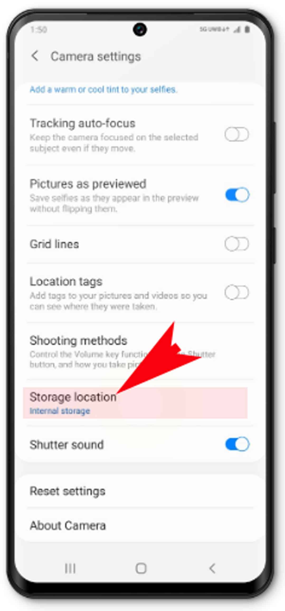 how to change picture storage on Galaxy S20 - scroll to storage location