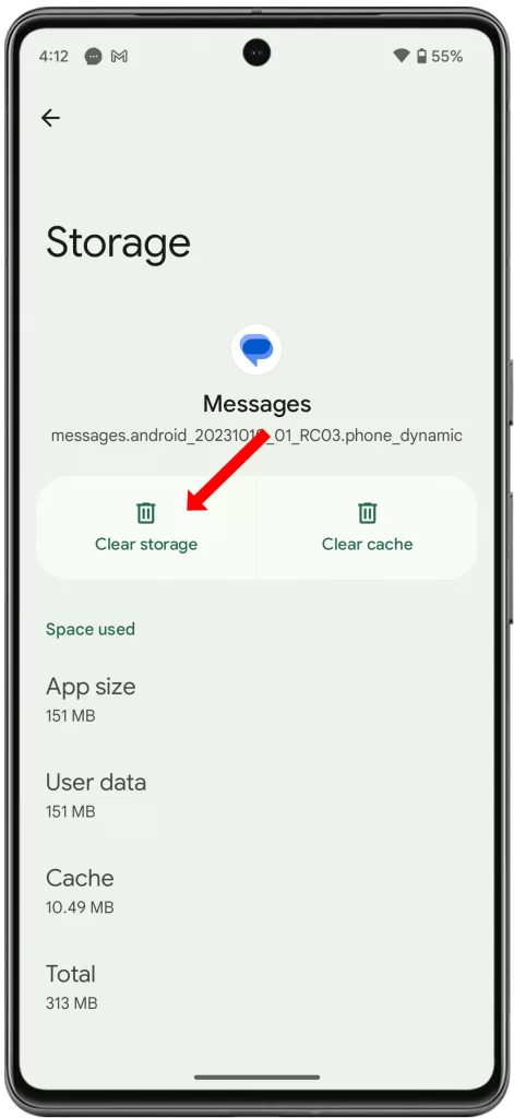 Google pixel Messages app clear cache and data