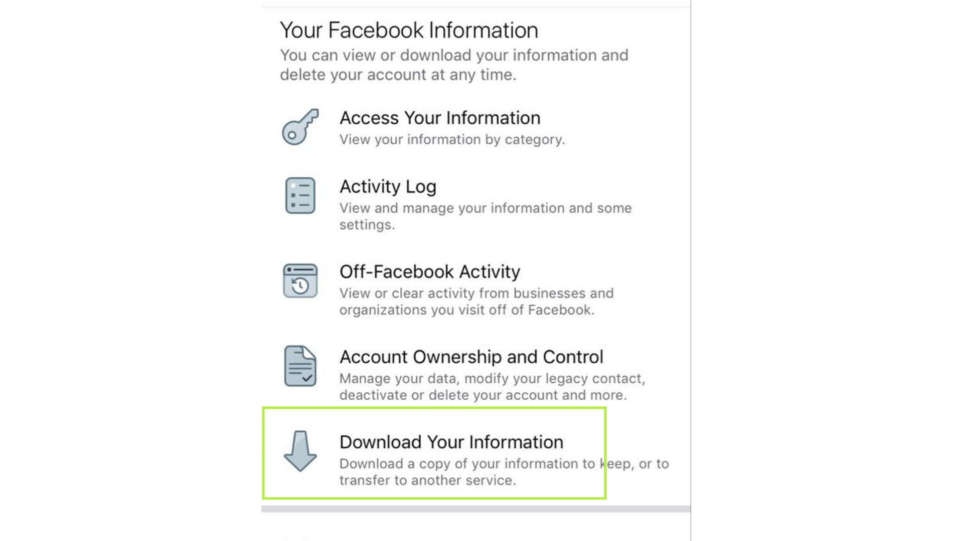 recover facebook download info