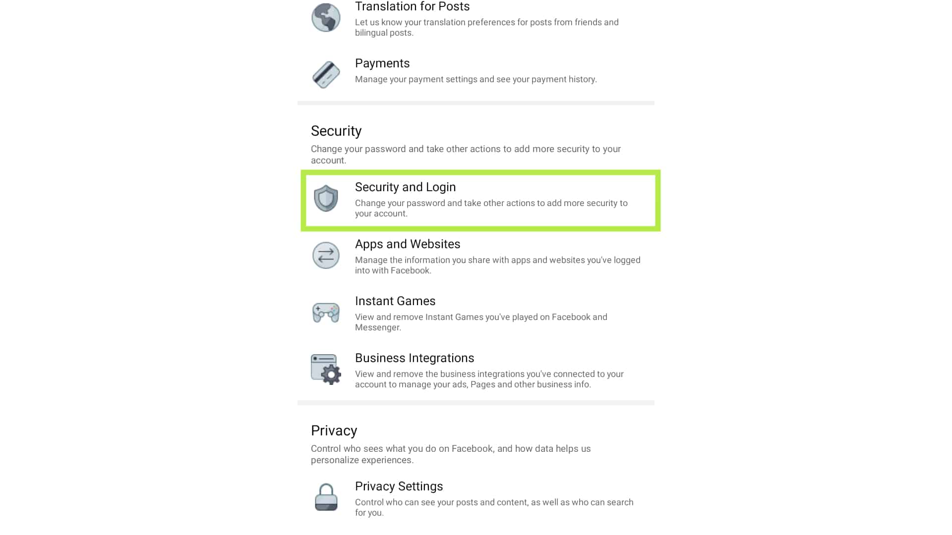 facebook settings security and login