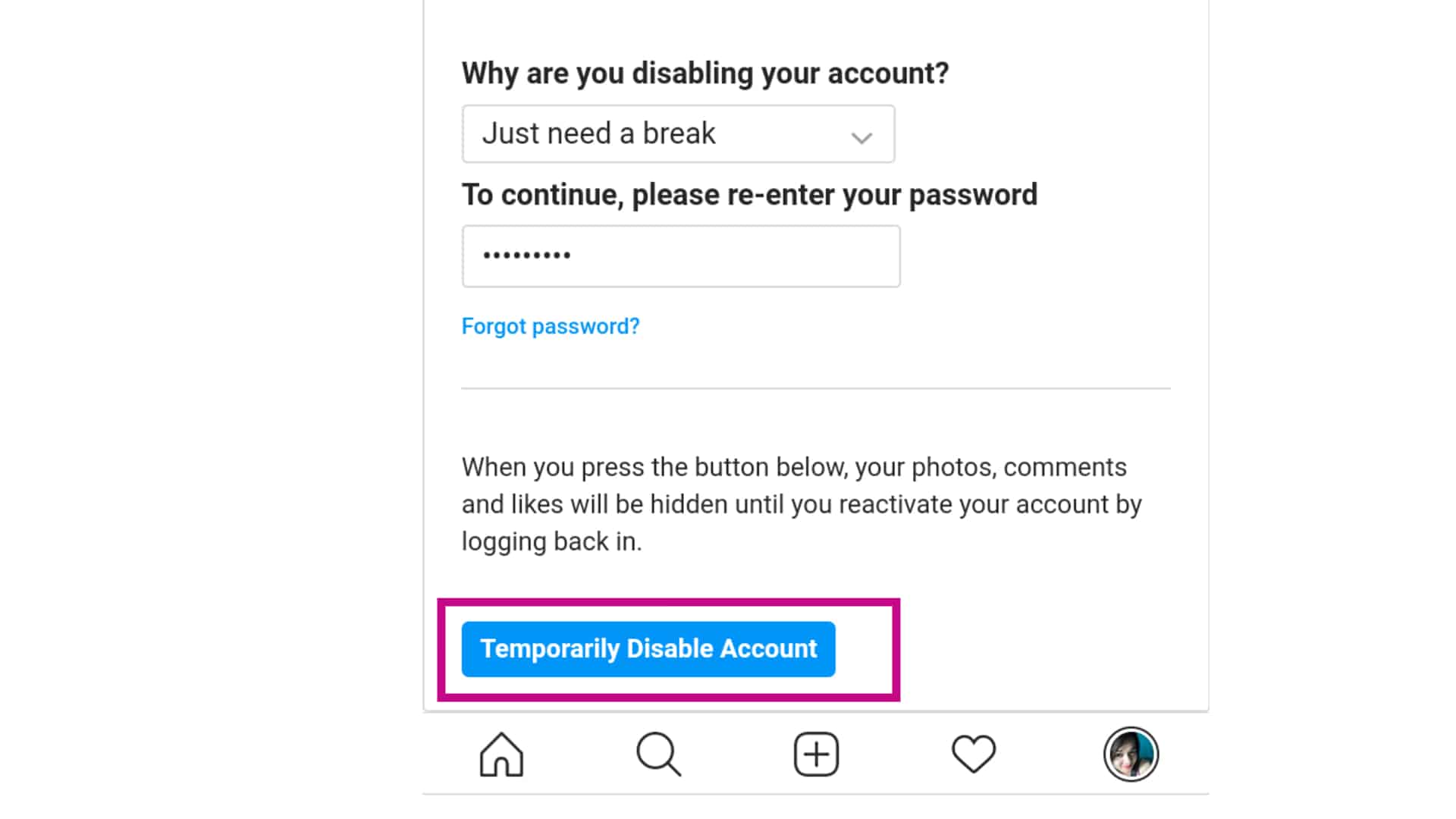 temporarily disable account instagram - TheCellGuide