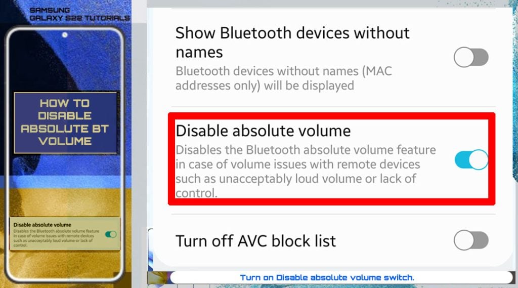 disable absolute bluetooth volume galaxy s22 switchON