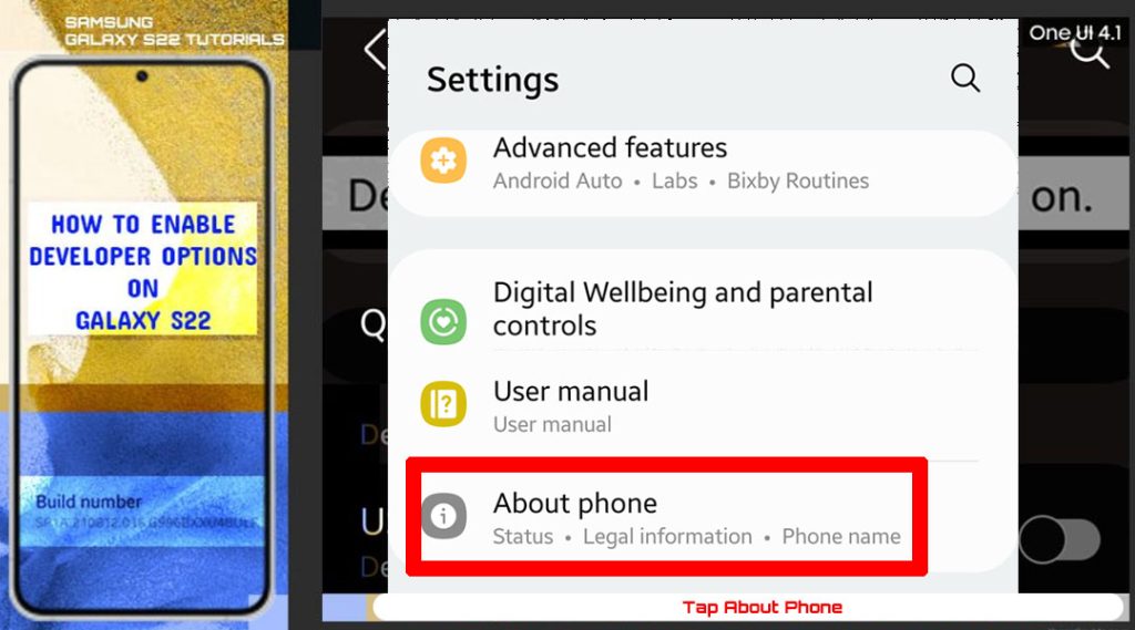 enable developer options galaxy s22 about phone