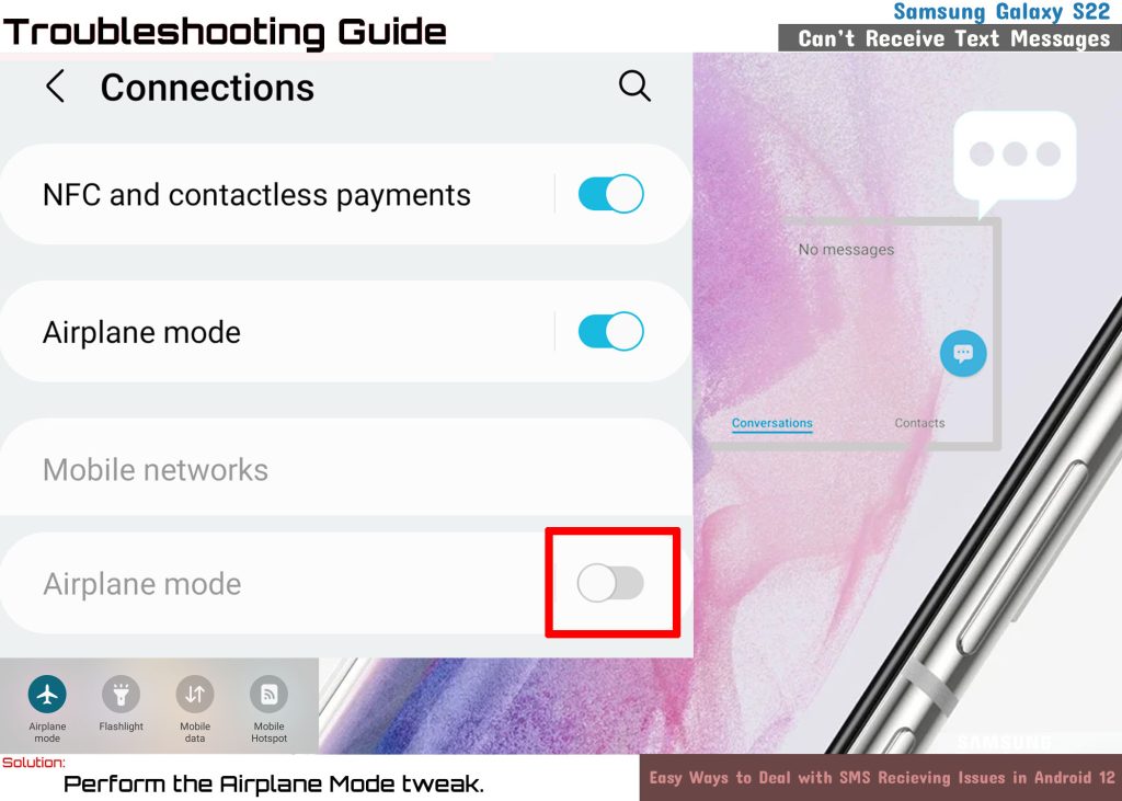 fix galaxy s22 cannot receive text messages ariplanemode