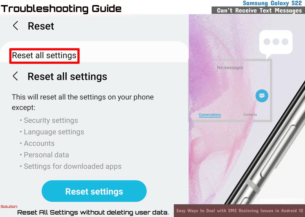 fix galaxy s22 cannot receive text messages resetallsettings