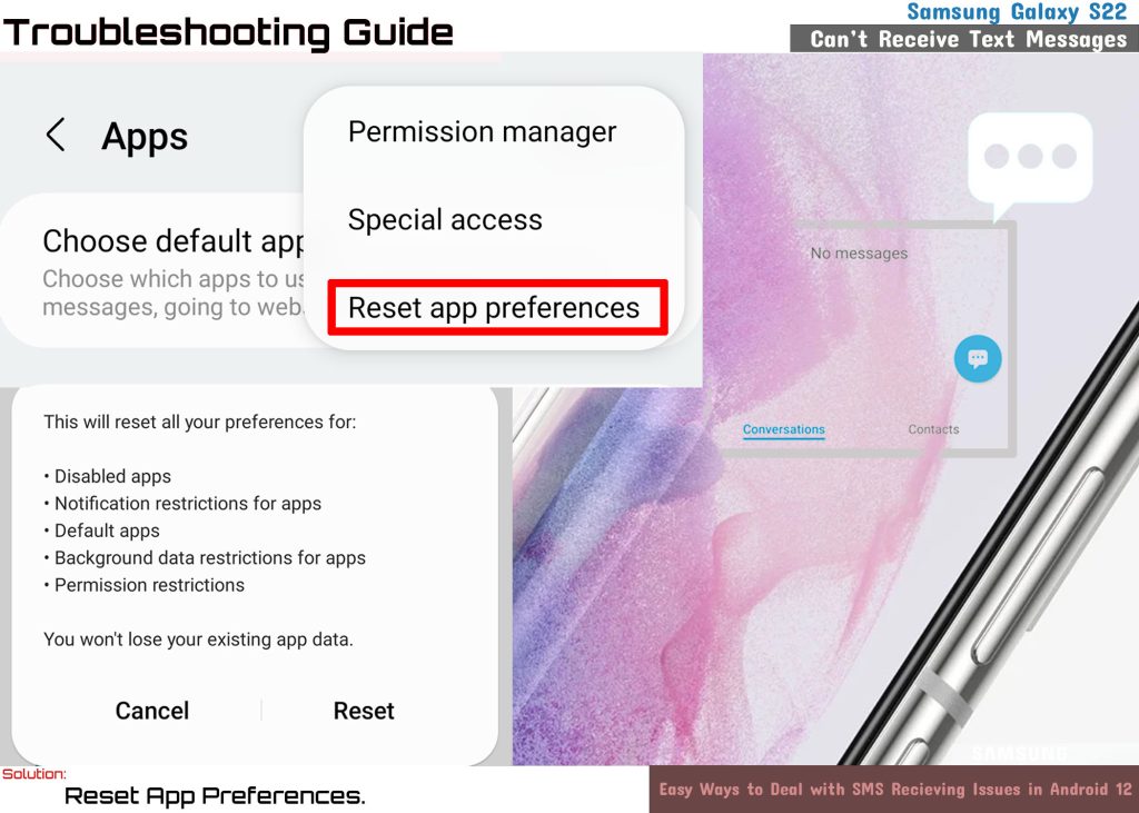 fix galaxy s22 cannot receive text messages resetapppreferences