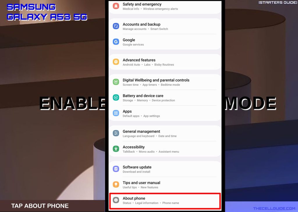 enable developer options galaxy a53 aboutphone