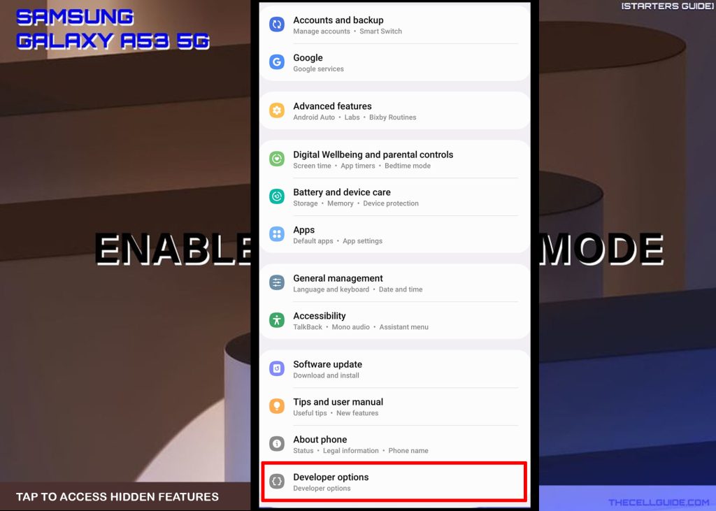 enable developer options galaxy a53 access hidden features