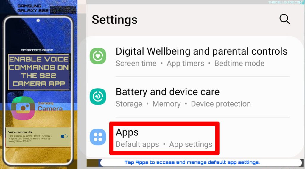 enable voice commands galaxy s22 camera apps