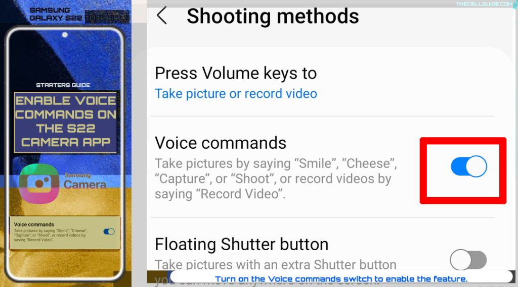 enable voice commands galaxy s22 camera turnon