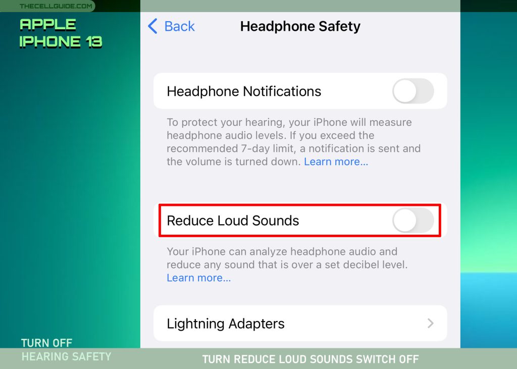 turn off hearing safety on iphone13 RLS