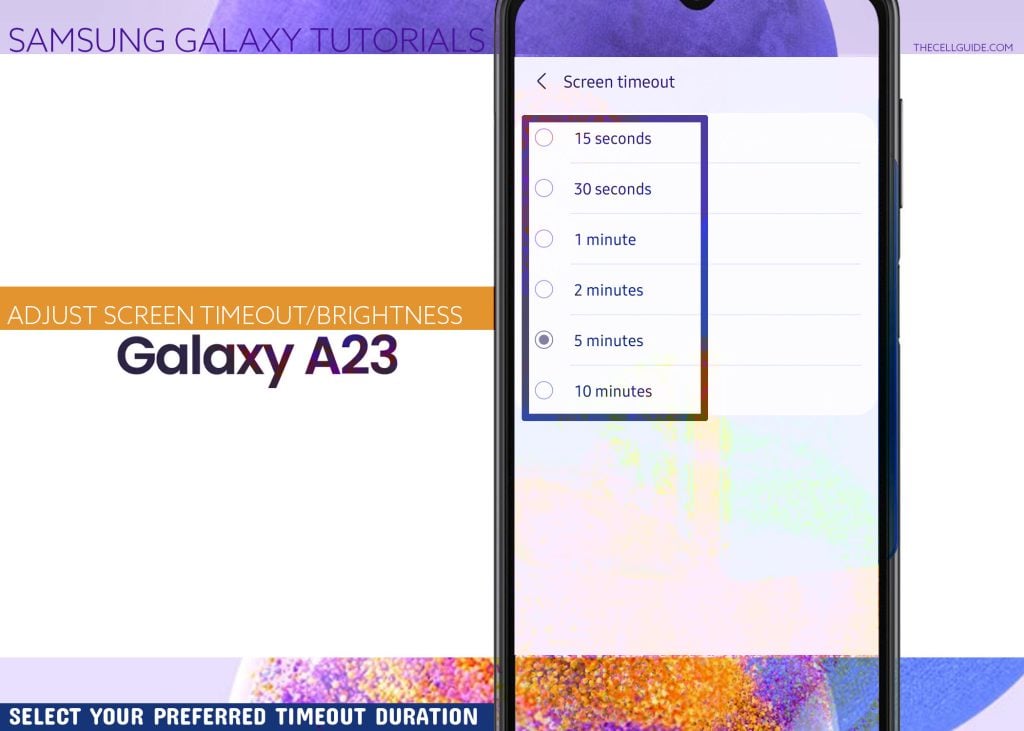 adjust screen timeout and brightness galaxy a23 DURATION