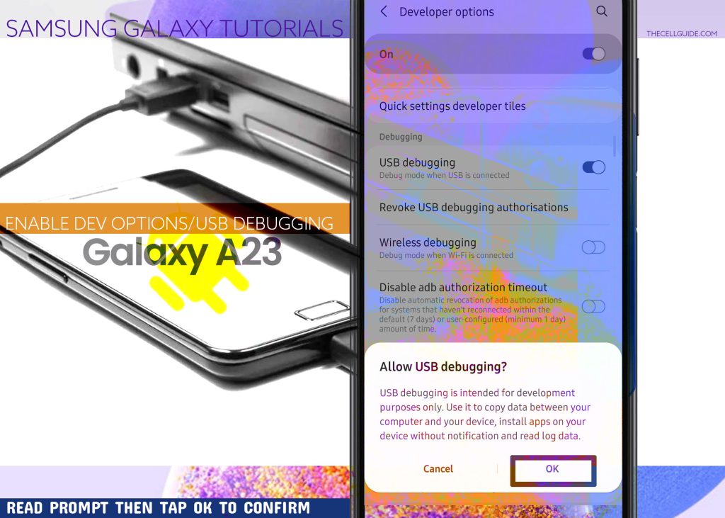 enable developer options usb debugging galaxy a23 CONFIRM