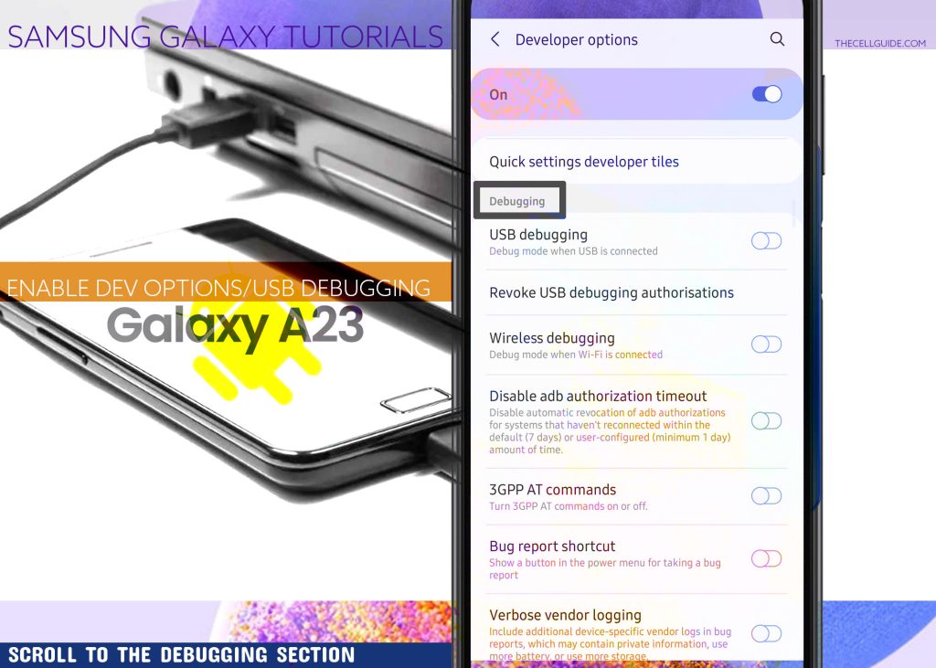 enable developer options usb debugging galaxy a23 DEBUGGING