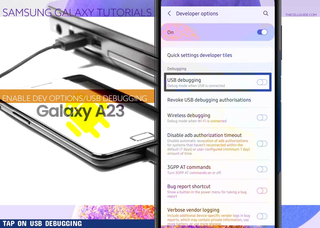 enable developer options usb debugging galaxy a23 DEBUGON1