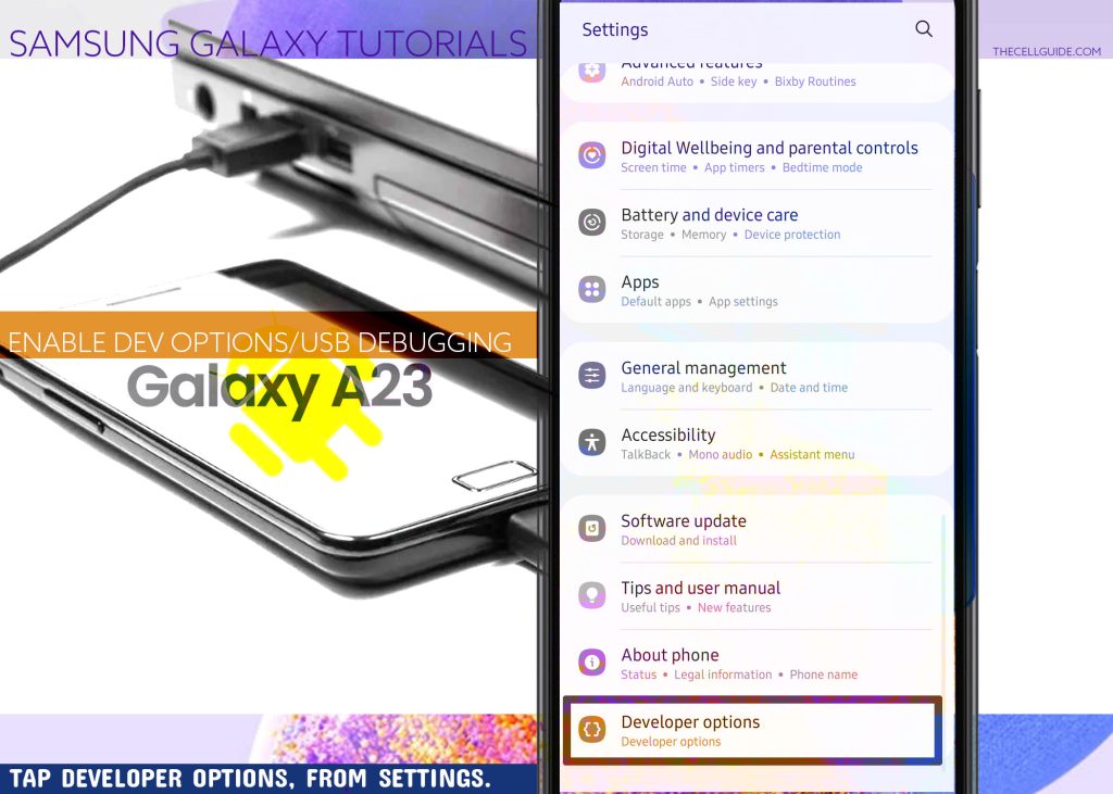 enable developer options usb debugging galaxy a23 DEVOPT