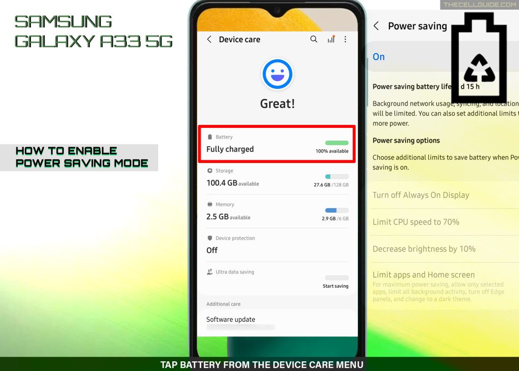 enable power saving mode galaxy a33 BATTERY