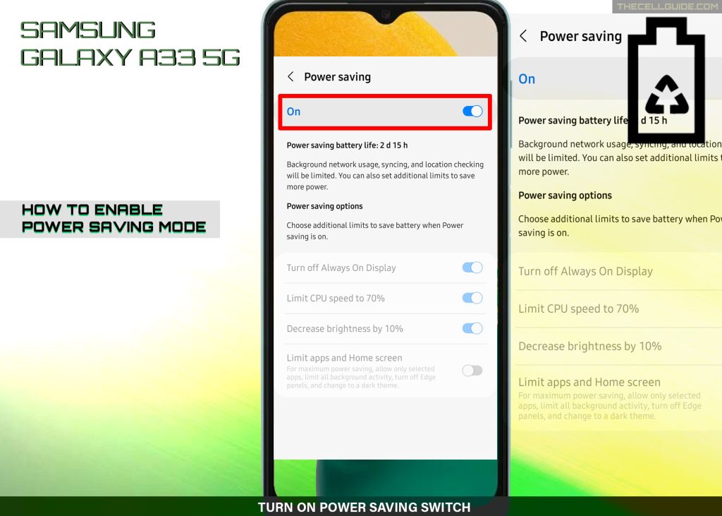 enable power saving mode galaxy a33 ON