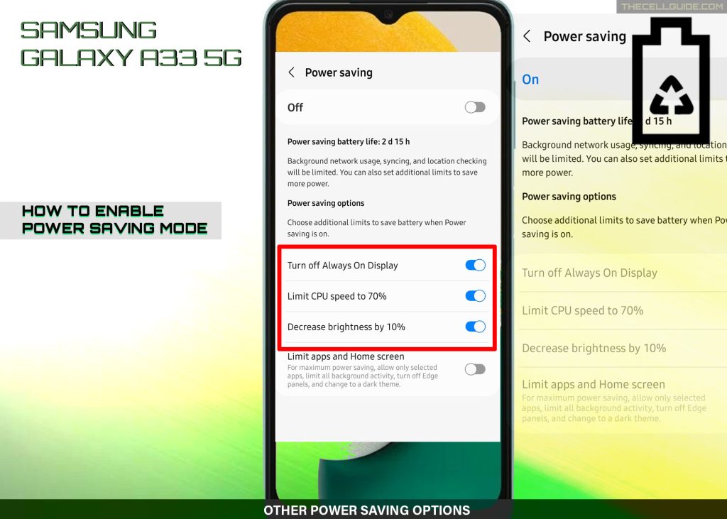 enable power saving mode galaxy a33 PS OPTIONS