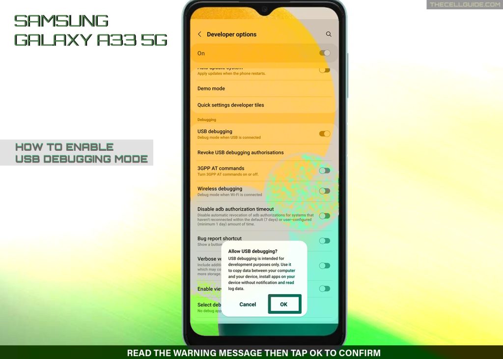 enable usb debugging galaxy a33 CONFIRM