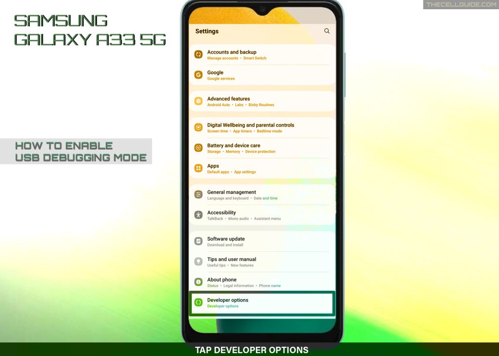 enable usb debugging galaxy a33 DO