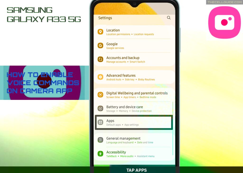 enable voice commands galaxy a33 camera APPS