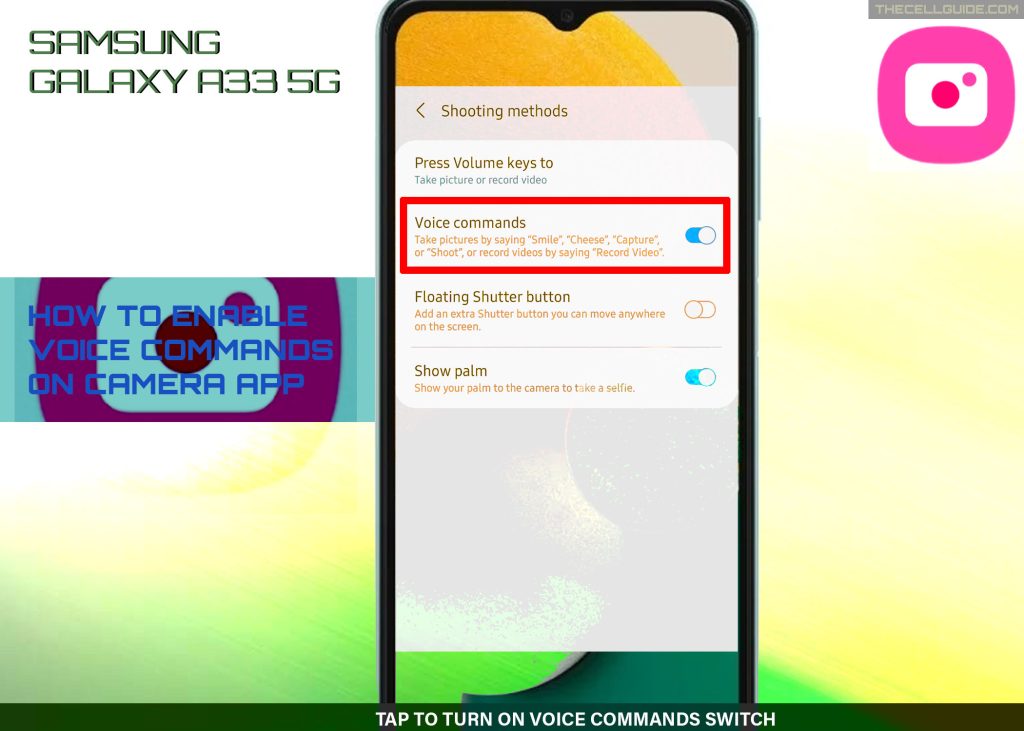 enable voice commands galaxy a33 camera TURNON