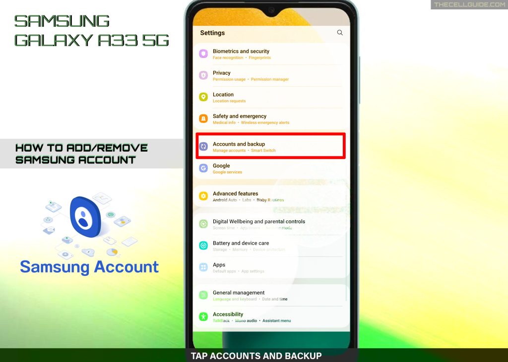 add remove samsung account galaxy a33 ANB