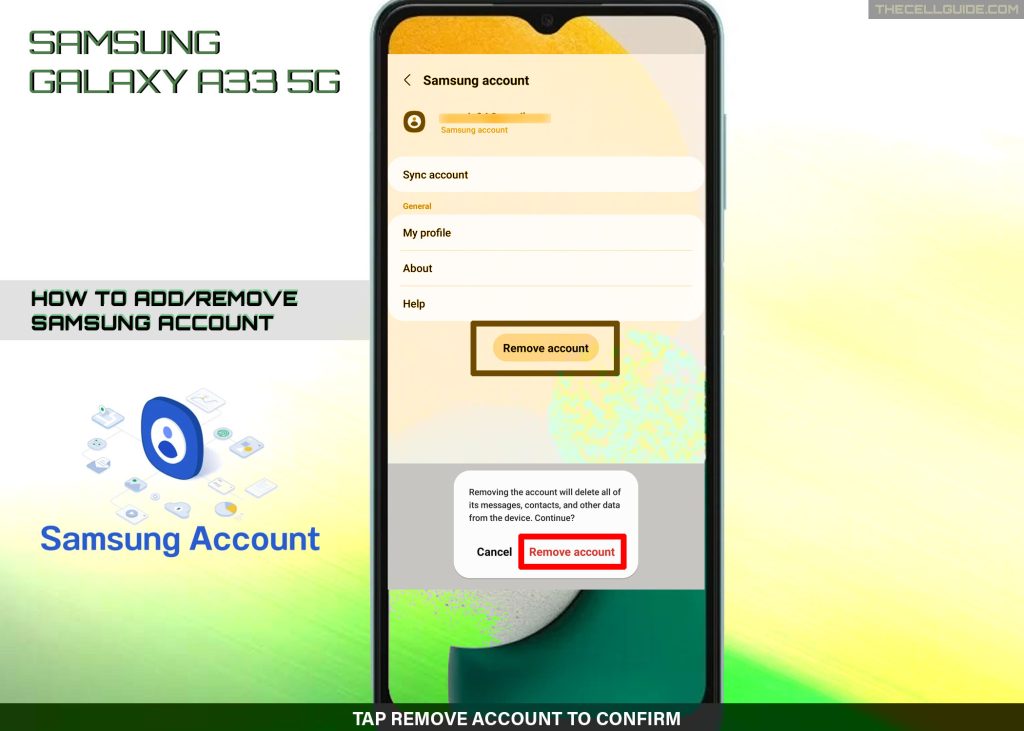 add remove samsung account galaxy a33 CONFIRM