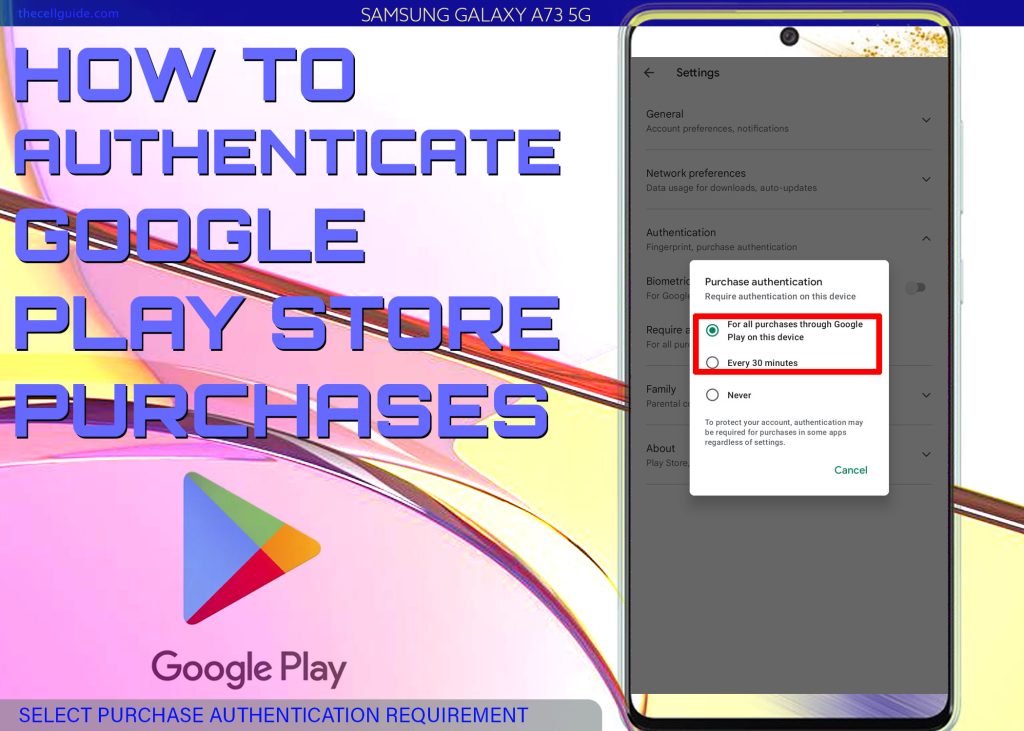 authenticate play store purchases galaxy a73 PA