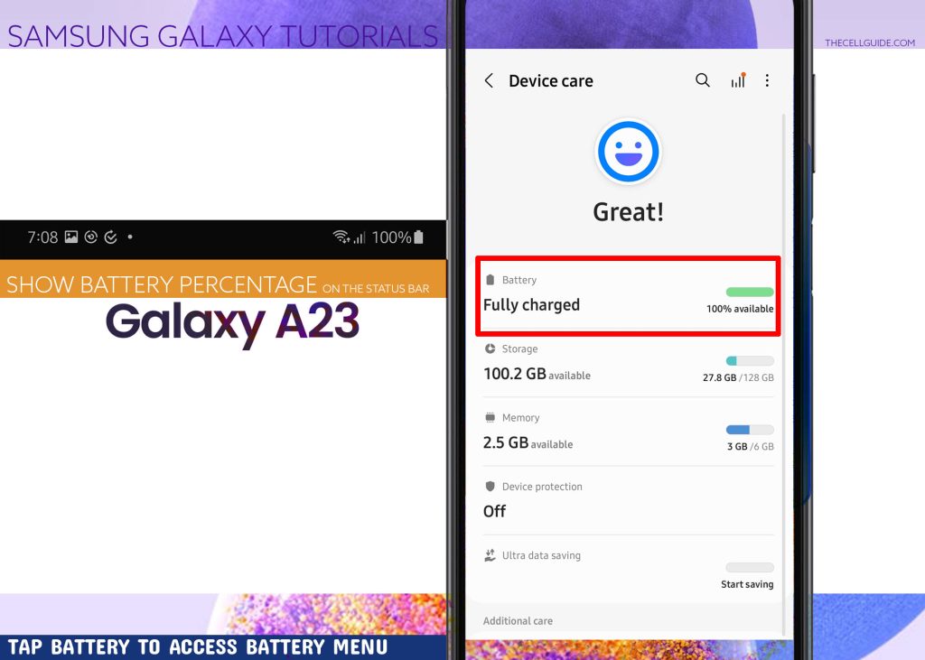 show battery percentage galaxy a23 BATTERY