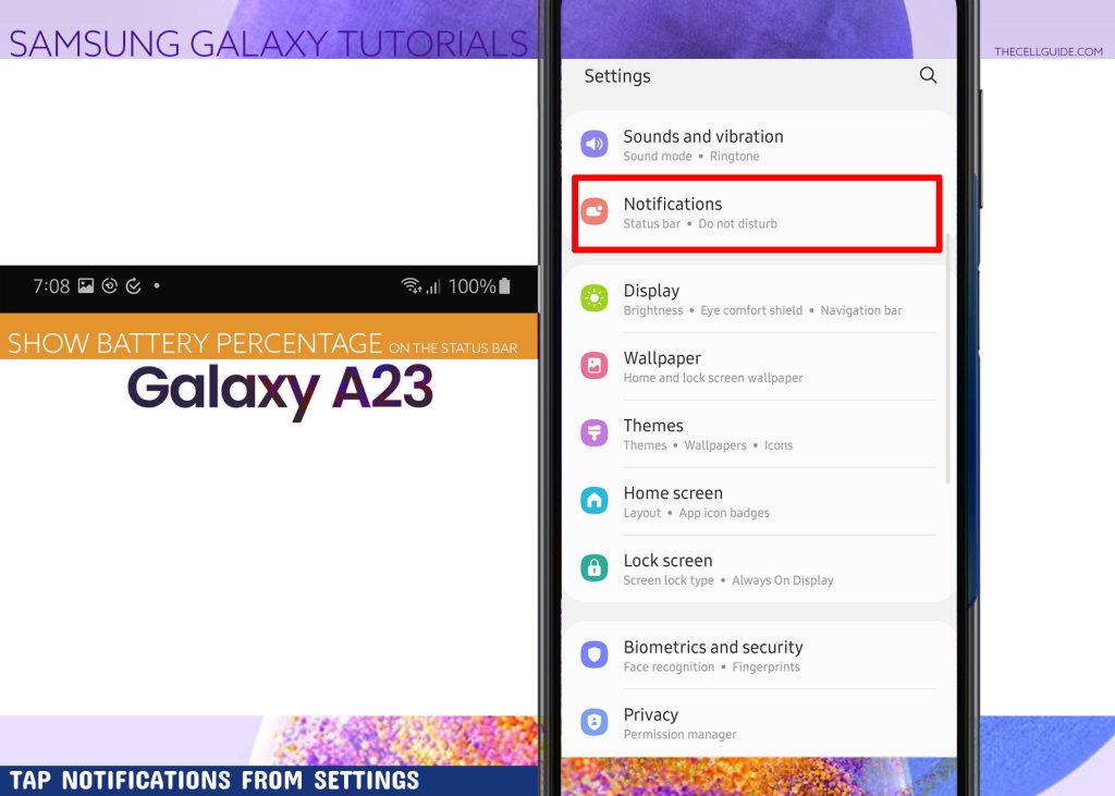 show battery percentage galaxy a23 NOTIFICATIONS