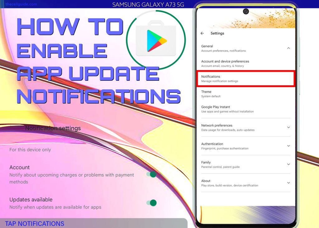 enable play store app update notifications galaxy a73 NOTIFS