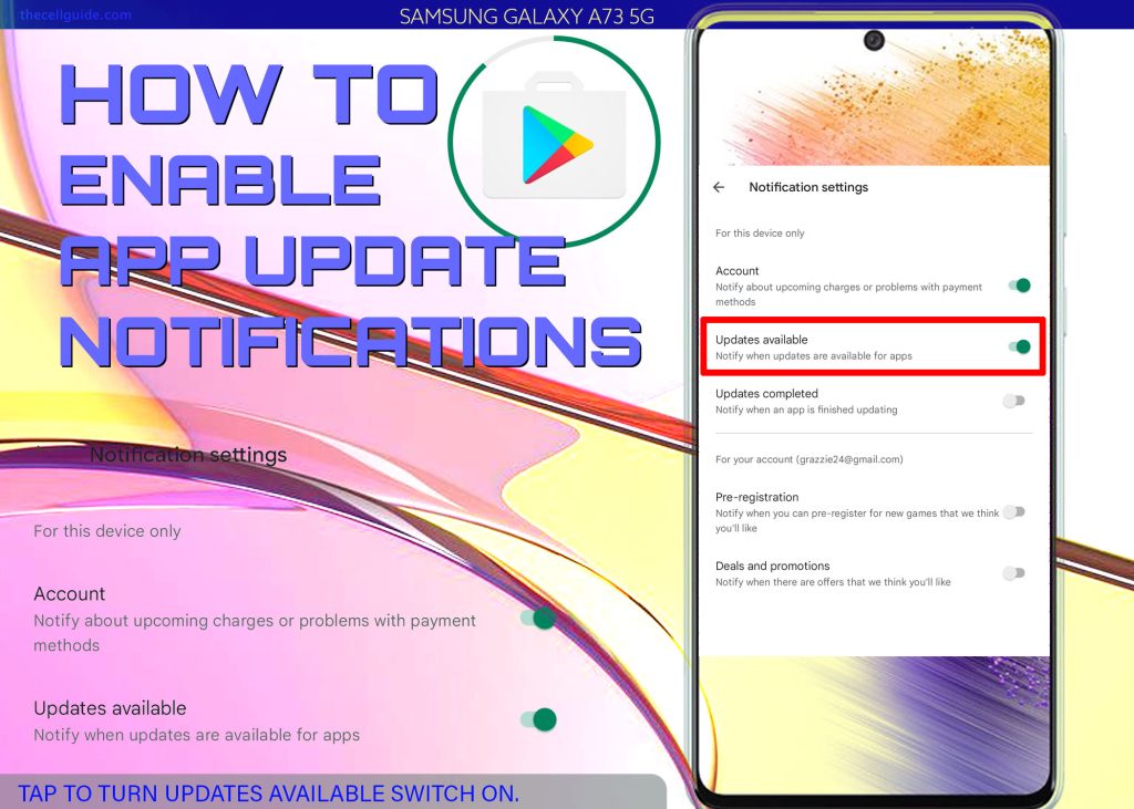 enable play store app update notifications galaxy a73 ON