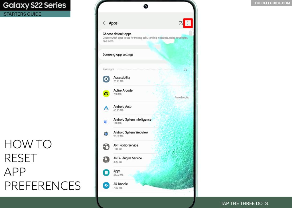 reset app preferences galaxy s22 DOTS