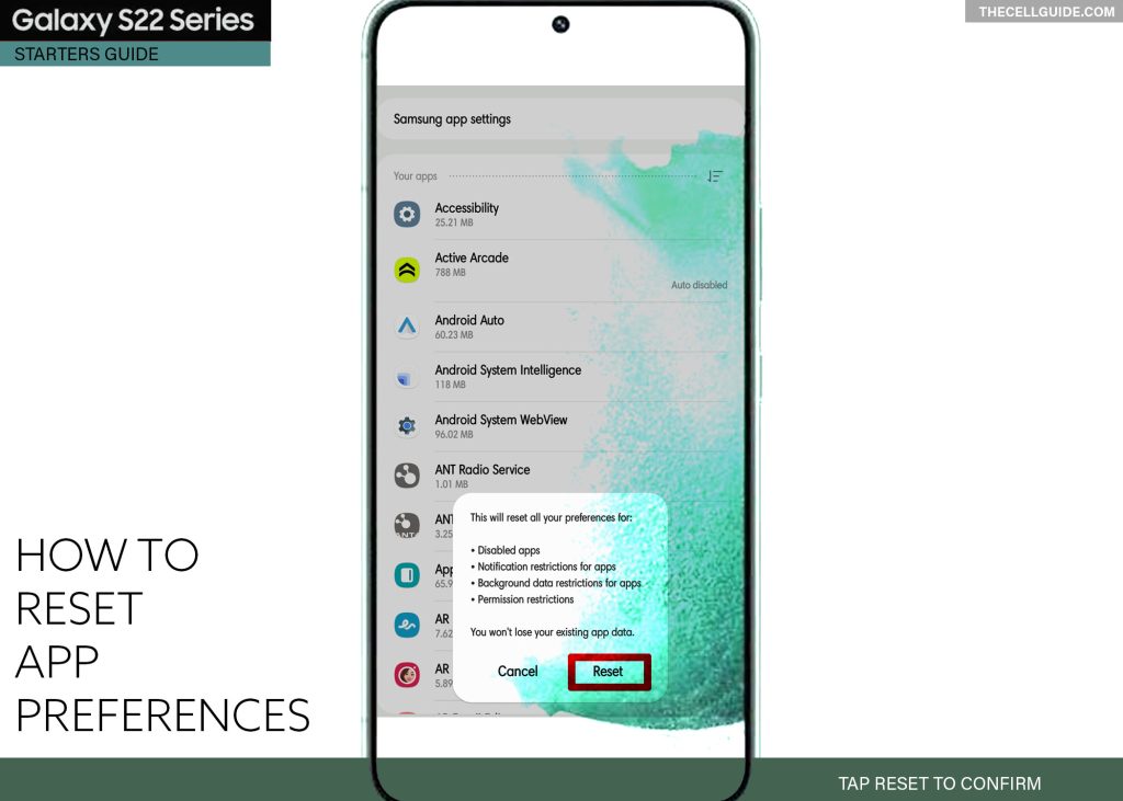 reset app preferences galaxy s22 RESET