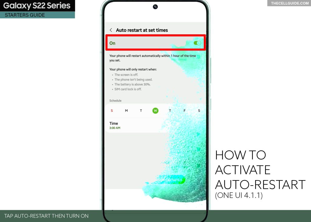 activate auto restart galaxy s22 ENABLE