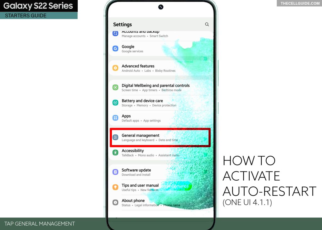 activate auto restart galaxy s22 GM