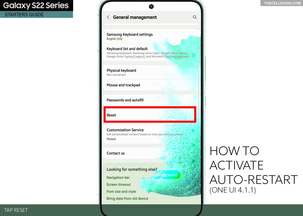 activate auto restart galaxy s22 RESET