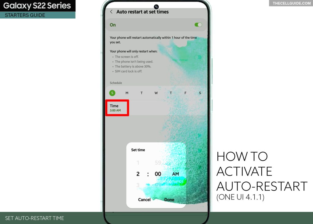 activate auto restart galaxy s22 TIME