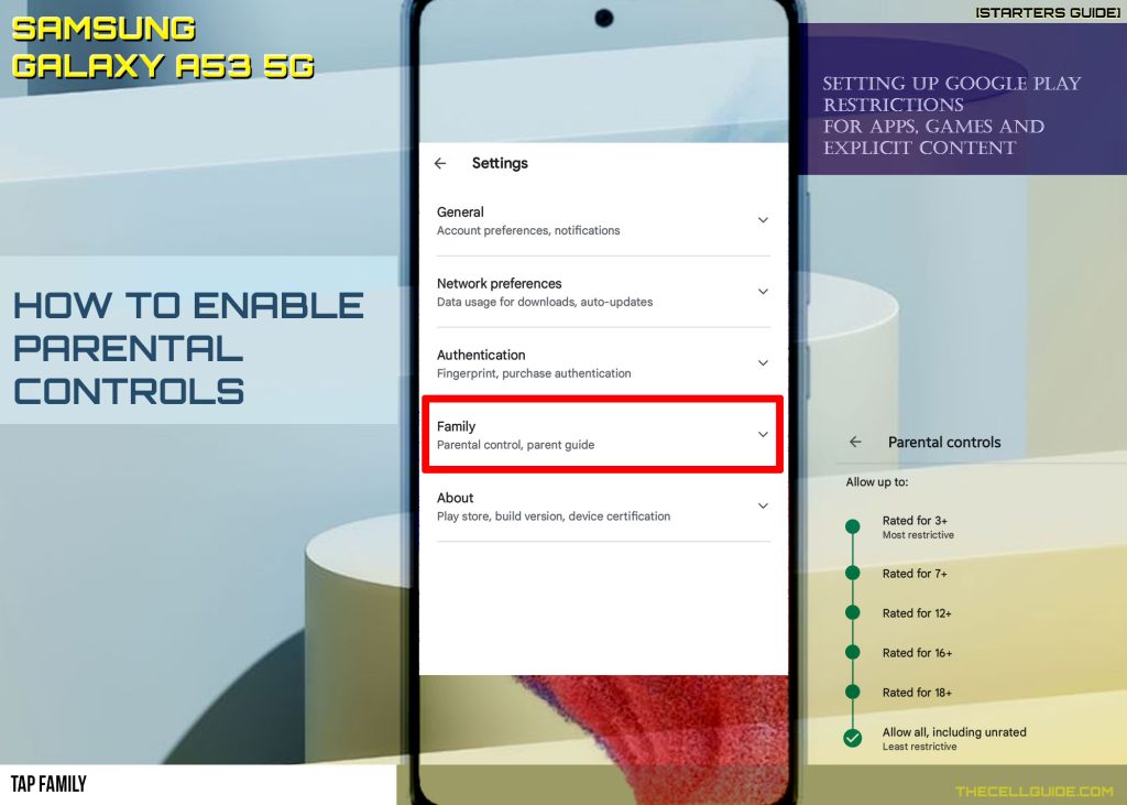 activate parental controls galaxy a53 play store FAMILY