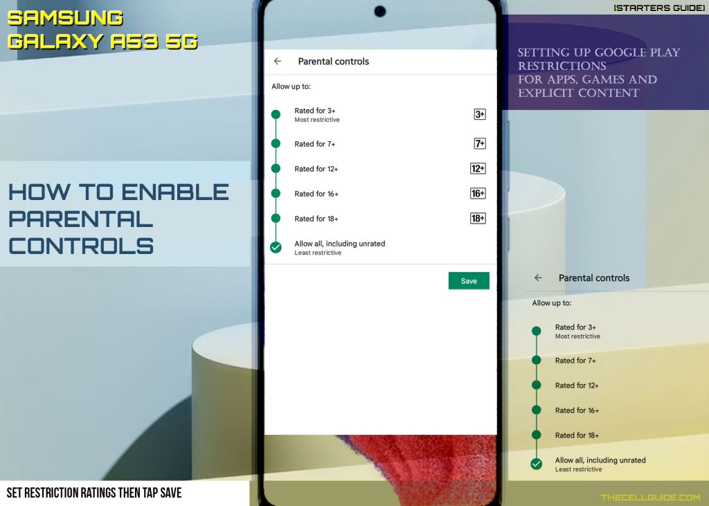 activate parental controls galaxy a53 play store SAVE