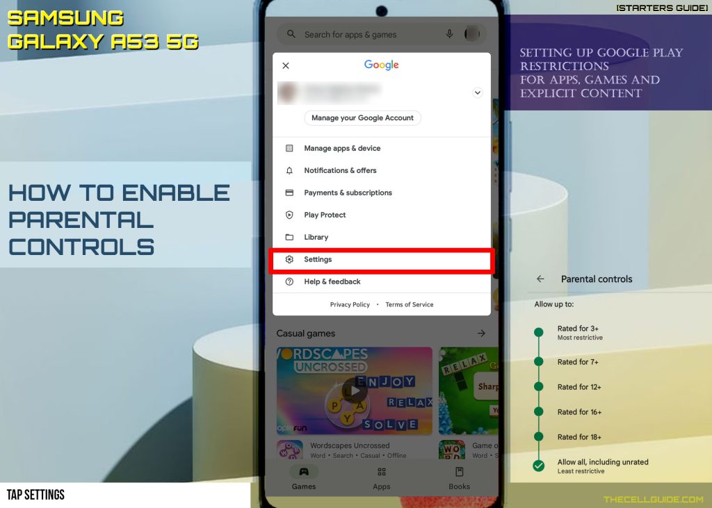 activate parental controls galaxy a53 play store SETTINGS