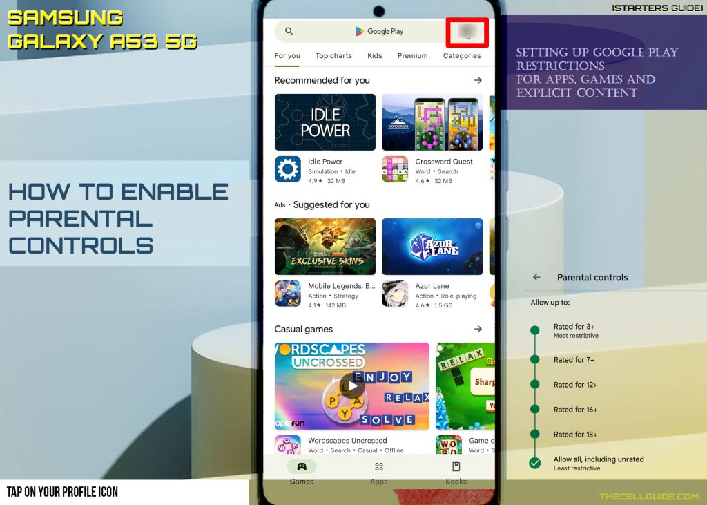 activate parental controls galaxy a53 play store profile