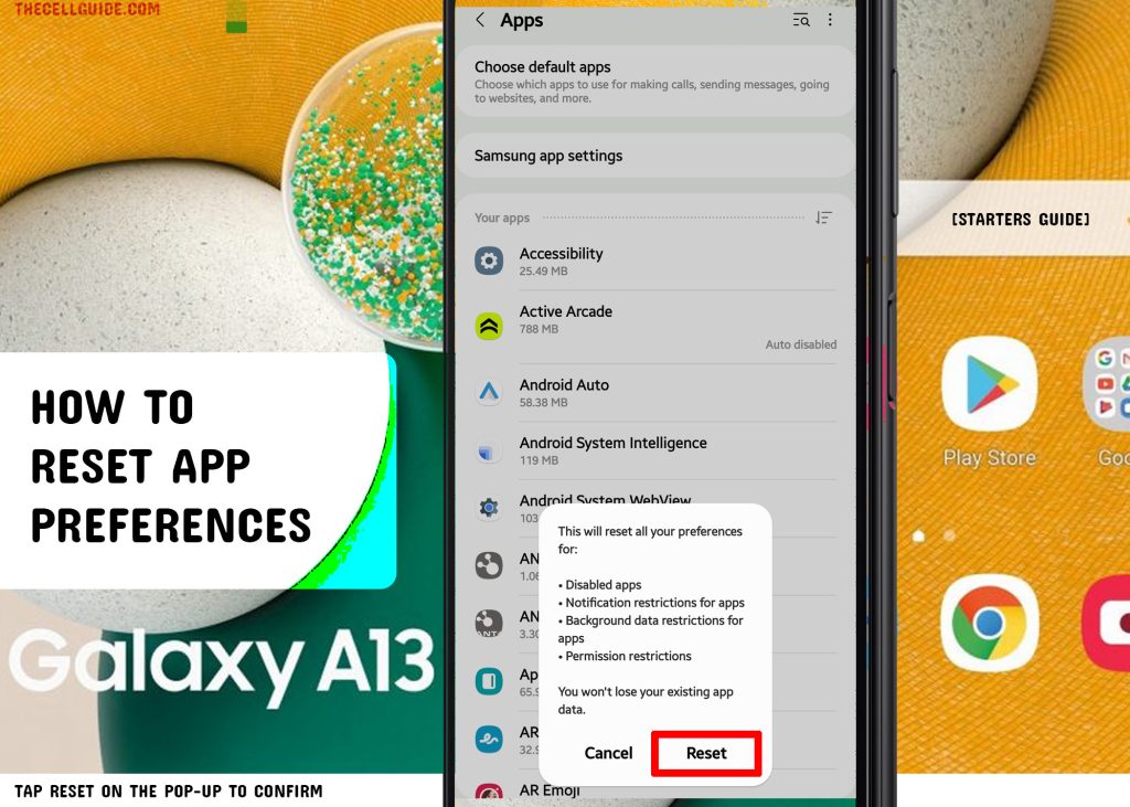 reset app preferences galaxy a13 CONFIRM