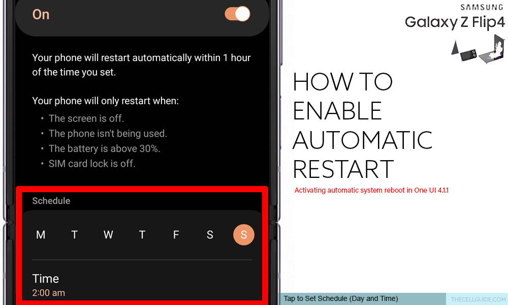 enable auto restart galaxy z flip4 setsched