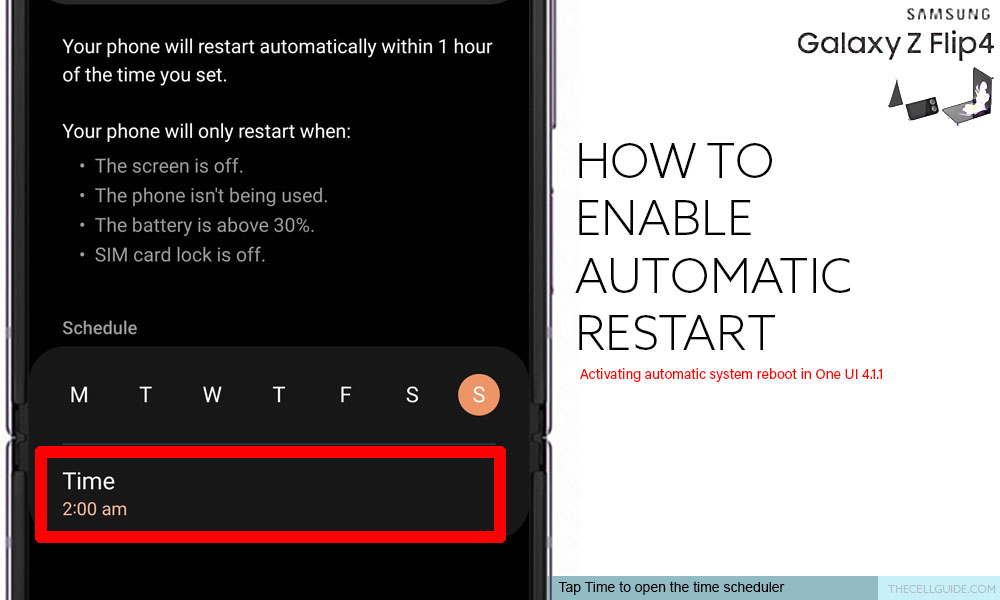 enable auto restart galaxy z flip4 time