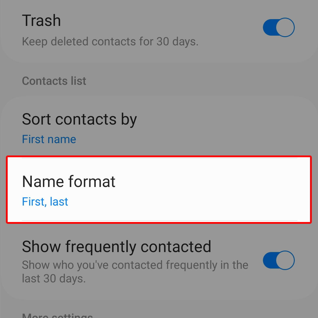 galaxy zflip4 contacts name format5